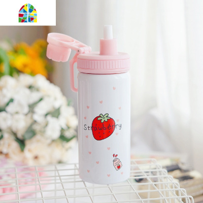 简约保温杯可爱少女心韩版吸管式水杯子小仙女学生超萌小清新创意 FENGHOU 粉色一颗草莓500ml(直引+吸管)