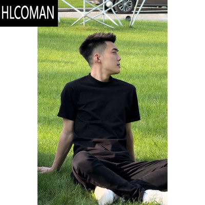 HLCOMANcleanfit男生短袖正肩修身小领口黑色T恤夏季潮牌痞帅高级感半袖