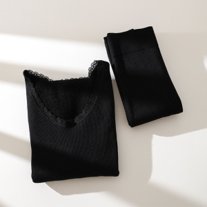 秋冬保暖内衣套装加绒加厚一体毛圈修身圆领花边女士秋衣秋裤