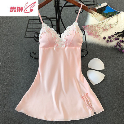 花边睡裙女夏性感冰丝带胸垫韩版清新学生可外穿睡衣女夏天费琳