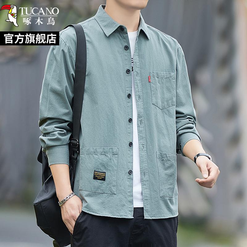 啄木鸟纯棉衬衫男士长袖2025新款春秋休闲衬衣工装外套潮寸衫