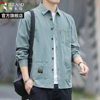 啄木鸟纯棉衬衫男士长袖2025新款春秋休闲衬衣工装外套潮寸衫