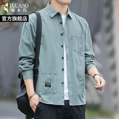 啄木鸟纯棉衬衫男士长袖2025新款春秋休闲衬衣工装外套潮寸衫
