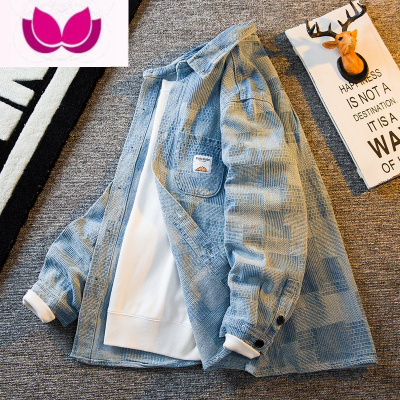 七斓HPCP浅色格子衬衫外套男潮牌ins款痞帅美式工装休闲牛仔夹克