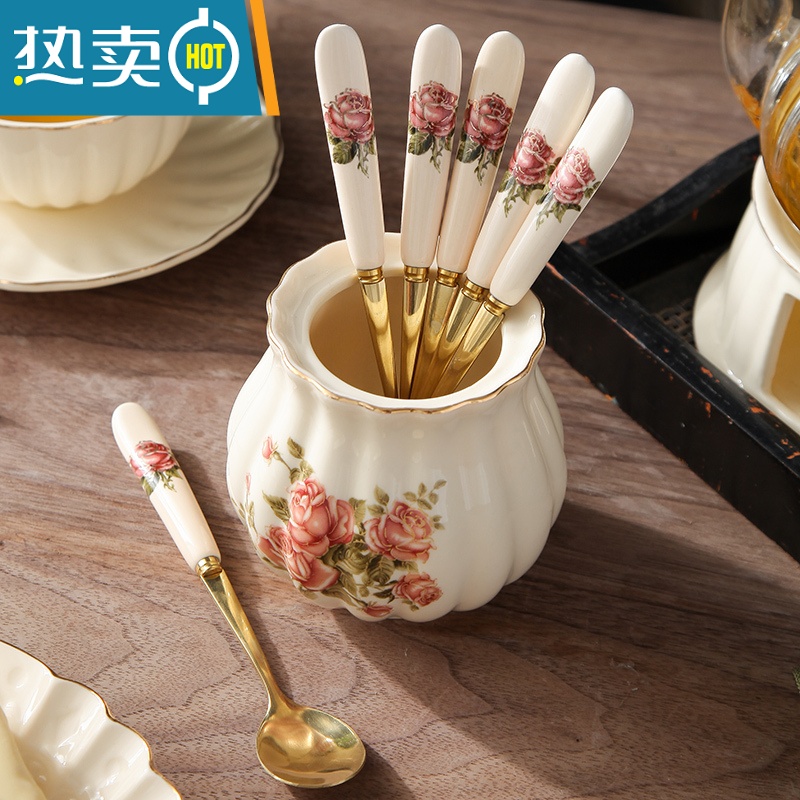 敬平欧式水果叉餐具套装不锈钢水果签果叉罐家用果插小叉子陶瓷收纳罐 金玫瑰金色勺6根+陶瓷罐