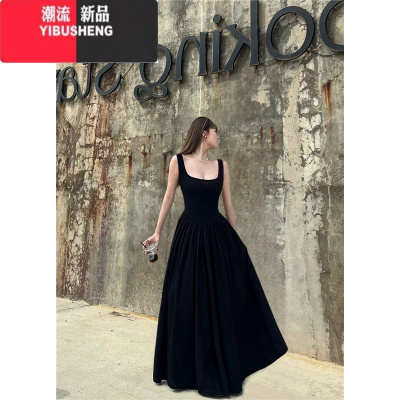 YIBUSHENG黑色掐腰露背吊带连衣裙女2024新款针织裙长裙气质高级感背心裙