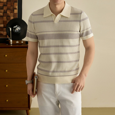 轻奢老钱风蚕丝羊毛polo衫男2026春季新款翻领条纹透气短袖男T恤