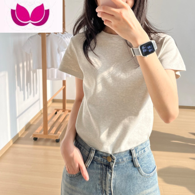 七斓正肩灰色t恤女短袖夏季2023美式复古设计感百搭修身休闲基础上衣