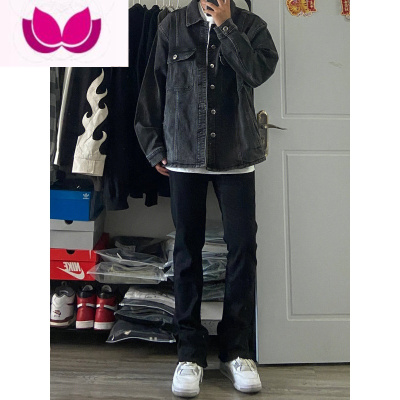 七斓美式高街毛边黑色微喇叭牛仔裤男女ins潮直筒休闲vibe风阔腿裤子