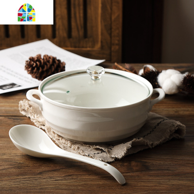 家用8英寸双耳陶瓷汤碗 微波炉汤锅带盖 创意大号纯白盛汤盆 FENGHOU 深款配带勺位陶瓷盖约2200ml送大汤勺