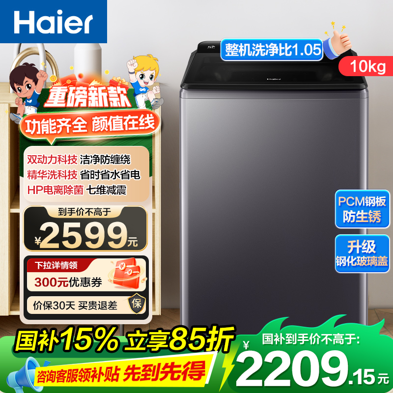 海尔(Haier)云溪 XQS100-BE77L 10kg 变频双动力 波轮洗衣机 电离除菌 后控 触控屏 精华洗