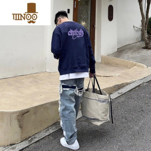 YANXU特大码300斤港风印花圆领卫衣男款国潮牌嘻哈高街宽松外套