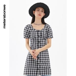 [1件5折价:99.5]美特斯邦威格纹连衣裙女夏季时尚校园风高腰黑色女士裙子