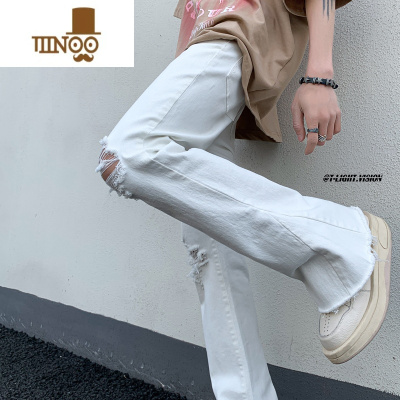 YANXU毛边破洞牛仔裤男款夏季美式高街弹力休闲裤子潮牌微喇叭直筒长裤