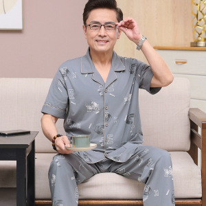 中老年睡衣男棉质夏季薄款短袖中年爸爸开衫长裤家居服套装可外穿