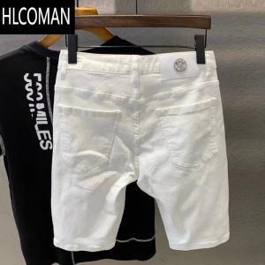 HLCOMAN高级感弹力白色牛仔短裤男韩版潮流五分裤直筒破洞夏天中裤百搭薄