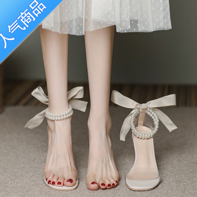 SUNTEK法式珍珠透明凉鞋女夏粗跟水晶鞋仙女风设计感小众气质名媛高跟鞋