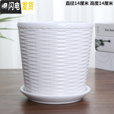 三维工匠多肉花盆陶瓷创意个性大号带托盘家用绿萝兰花北欧简约 单个更大号纯白横纹花盆 中等花盆容器