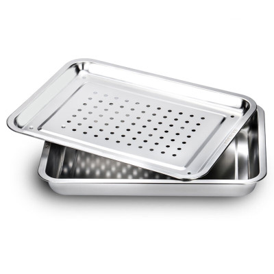 304不锈钢茶盘加厚托盘家用沥水盘茶台长方形漏水茶具套装 304方盘27X21X4.8深盘+漏水浅盘 套装