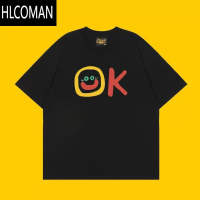 HLCOMANDrew笑脸美式OK字母印花短袖t恤男女潮牌街头宽松情侣上衣I