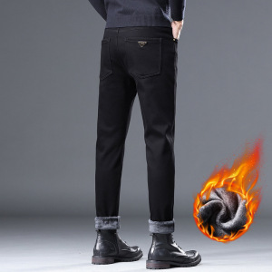 秋冬新款加绒加厚牛仔裤男抗皱易打理修身小直筒裤黑色保暖长裤子