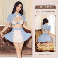 九里晴川情趣内衣软妹古风汉服性感睡衣诱惑透视蓝白拼色制服套装 九里晴川TZ115[软妹拼接套装-蓝] 均码
