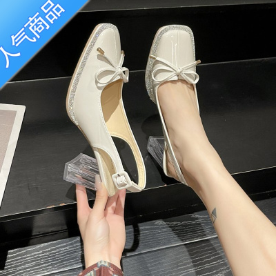 SUNTEK包头凉鞋女2023年韩系小众设计感时尚百搭蝴蝶结水钻方头玛丽珍鞋