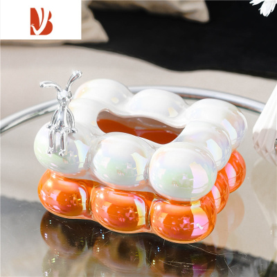 三维工匠高级感陶瓷纸巾盒家用轻奢客厅茶几收纳摆件创意餐巾纸抽纸盒 棉花糖半色纸巾盒-[橙色+兔子]