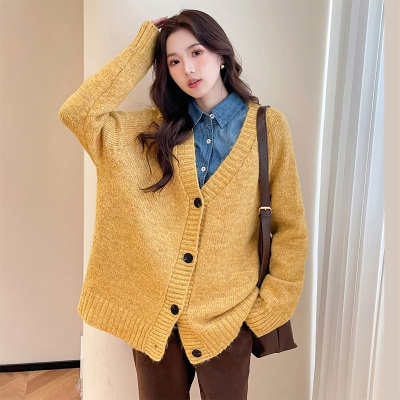 [清仓1折价56.9元,不叠加优惠券]唐狮慵懒风简约设计开衫外套女新款冬季黄色宽松毛衣针织衫qd