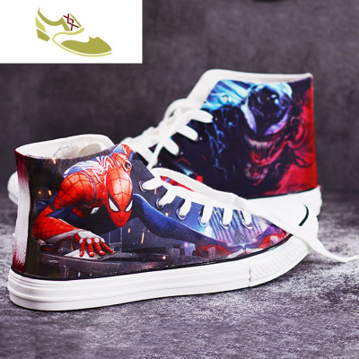 喻娄品牌蜘蛛侠毒液涂鸦手绘漫威高帮帆布鞋ins超火男女嘻哈情侣板鞋潮