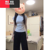 YIBUSHENG曼波薄荷绿短袖正肩t恤女2024新款季修身短上衣小众设计感穿搭