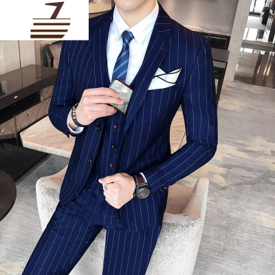 NEWLAKE秋冬装修身剪裁韩版夜店型师气质西服套装男新郎婚礼服条纹西装