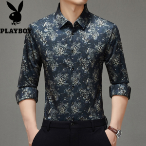 花花公子秋冬新款男装丝羊毛无痕印花长袖男士衬衫商务休闲中年大码衬衣服