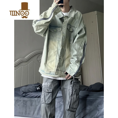 YANXU美式复古牛仔外套情侣潮牌工装黄泥水洗做旧高街港风国潮拉链夹克