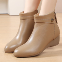 真皮软底尖头短靴女25秋冬新款坡跟小皮靴中跟复古舒适复古女棉鞋