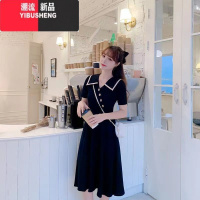 YIBUSHENG大码赫本风方领蝴蝶结连衣裙女季黑色复古裙子胖mm遮肉显瘦长裙