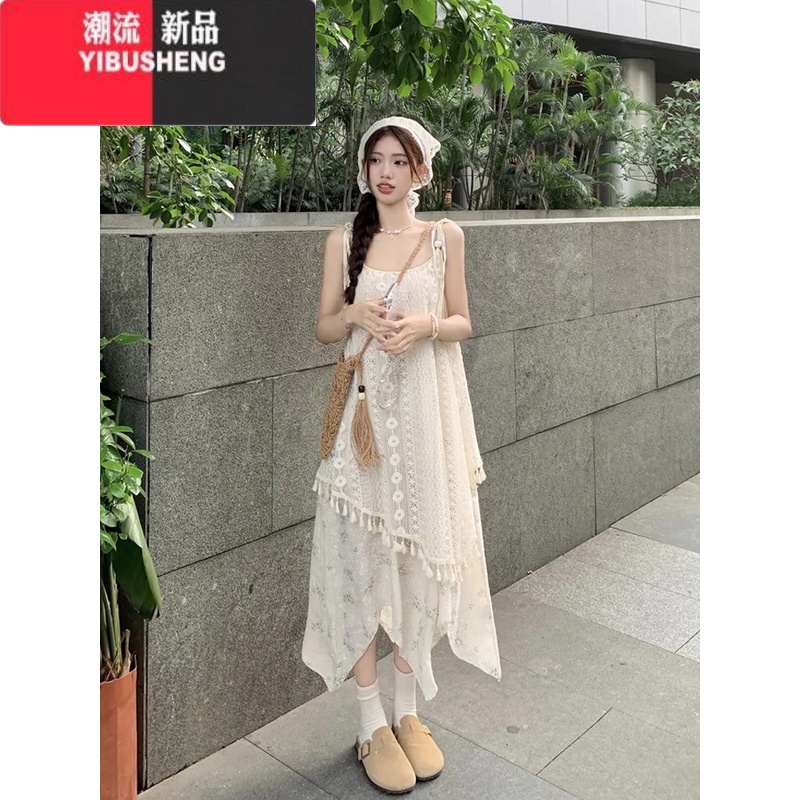 YIBUSHENG假两件刺绣吊带连衣裙女装季设计感印花A字裙无袖长裙
