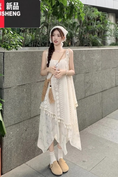 YIBUSHENG假两件刺绣吊带连衣裙女装季设计感印花A字裙无袖长裙