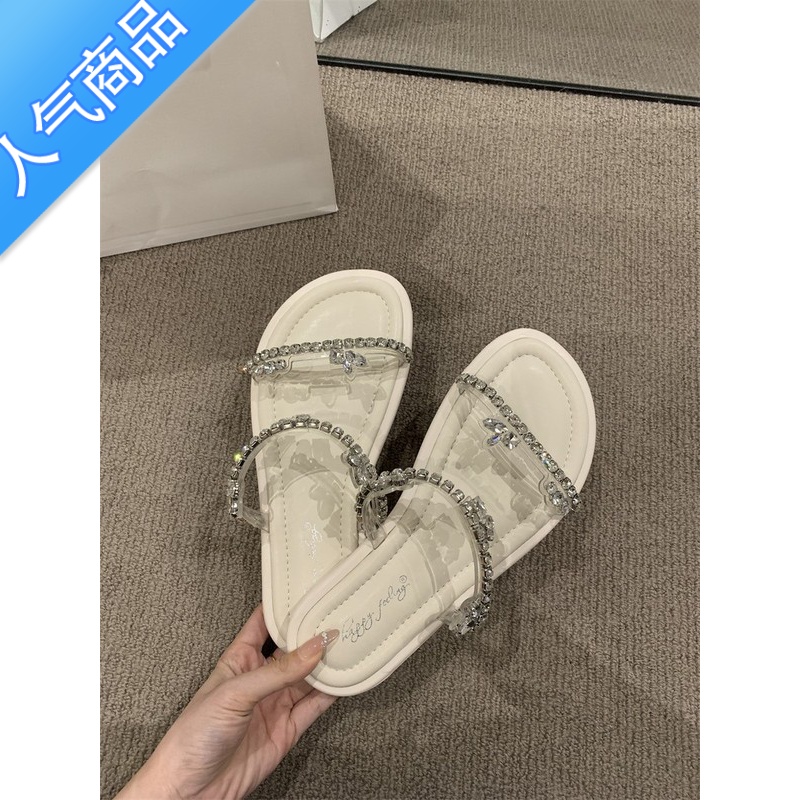 SUNTEK仙女风凉拖外穿女鞋子2023年春夏新款平底一字水钻配裙子露趾凉鞋