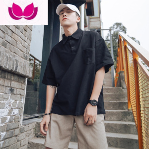 七斓夏季美式日系短袖男生潮牌宽松港风t恤工装翻领polo衫ins潮流帅气