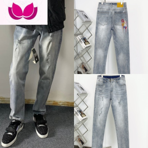 七斓新款潮牌刺绣字母男士牛仔裤韩版修身百搭直筒弹力九分长裤