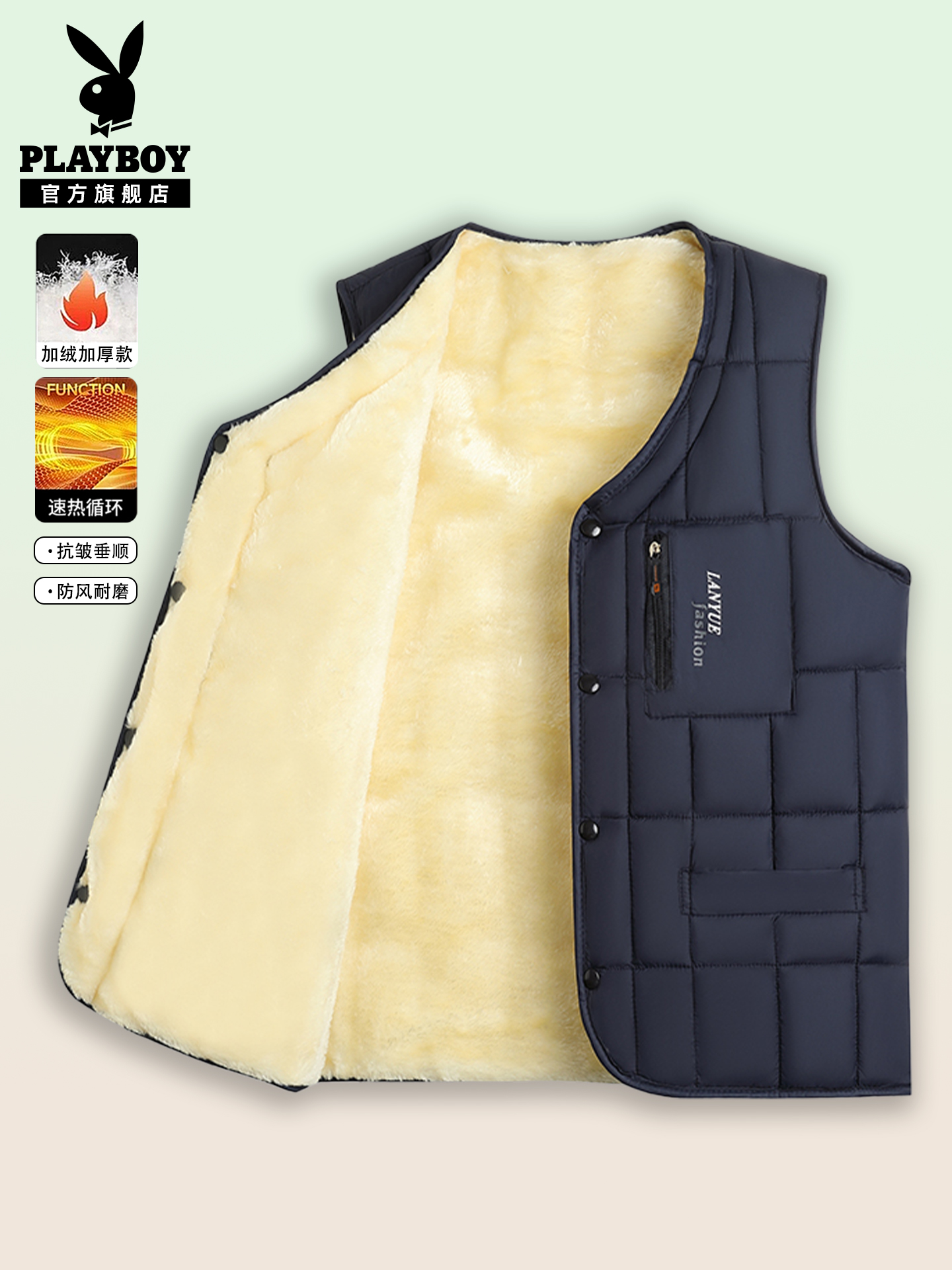 花花公子2025冬季男士加绒加厚马甲保暖中年爸爸装外穿纽扣背心C
