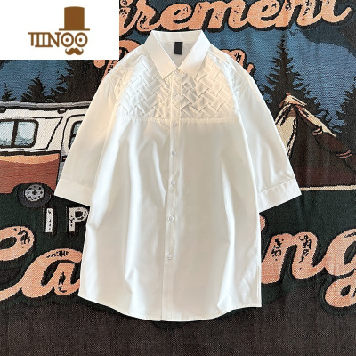 YANXU夏季短袖白色衬衫男潮牌小众设计感日系休闲痞风宽松衬衣外套