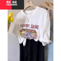 YIBUSHENG韩国 美式商店印花 舒适透气竹节棉圆领宽松短袖字母T恤女 季新