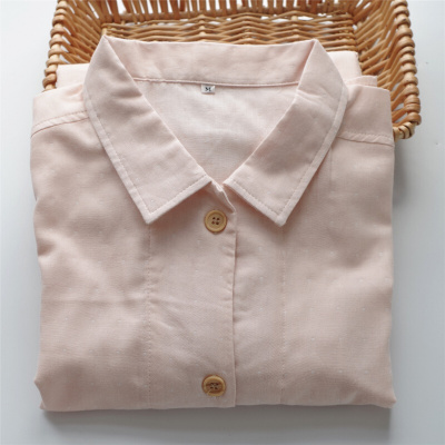 珂卡慕(KEKAMU)春夏季女士长袖家居裙子长裙全棉双层纱小圆点衬衫领睡裙日系森女粉色M