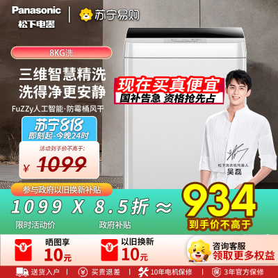 松下波轮全自动8公斤洗衣机家用租房神器 超快速强力浸泡洗 节能省水省电桶自洁T7A0(预售火爆-一周左右发货)