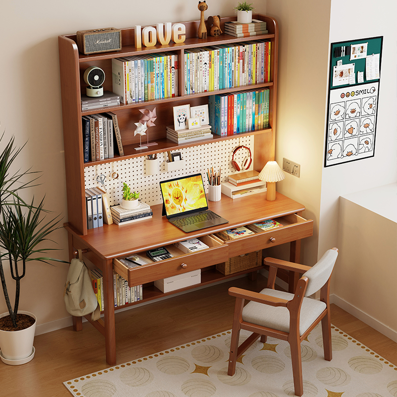 实木儿童学习桌课桌学生书桌家用书桌书架洞洞板一体书房学习桌