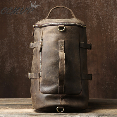 CCMVP品牌自营质量保证-CCMVP复古潮流疯马牛皮双肩包男士旅行电脑背包单肩斜跨包多功能运动包墨绿色疯马皮