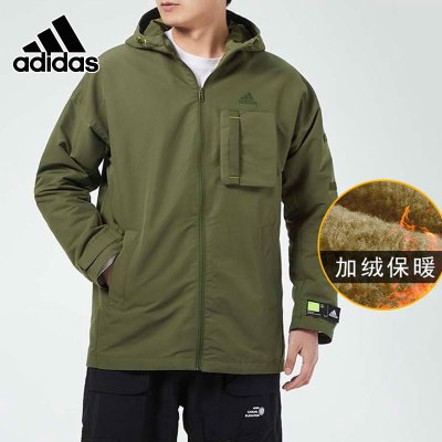 adidas阿迪达斯风衣男外套2021春季新款工装运动服绿色连帽夹克GP0990