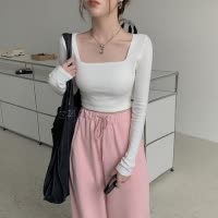 早秋辣妹方领短款上衣女秋装年新款修身内搭打底衫长袖T恤女